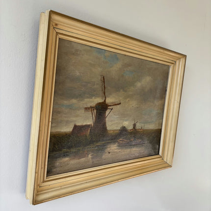 19th Century Antique Seascape Oil Painting "Windmill Tower" Dutch Artwork Holland Art Shop