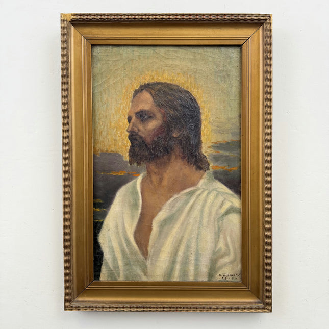 1914 Antique Religious  Oil Painting "Bearded Christ" Art Holland Art Shop