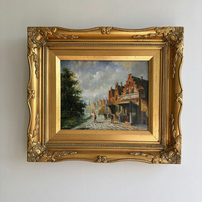 Rustic Cityscape Oil Painting "Gilded Frame" Authentic Small Art Holland Art Shop