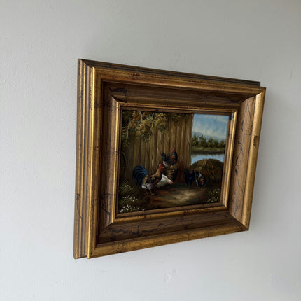 Classic Animals Oil Painting "Barn Chickens" Traditional Small Artwork Holland Art Shop