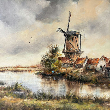 Detailed Landscape Oil Painting "Windmill Tower" Original Large Artwork Holland Art Shop