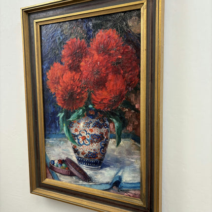 19th Century Antique Floral Still Life Oil Painting "Red Flowers" Art Holland Art Shop