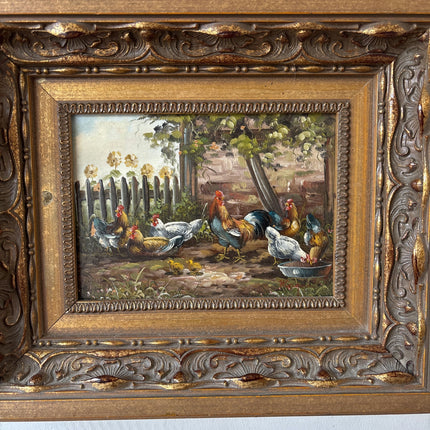 Antique Oil Painting Animals "Flock Of Chickens" Intriguing Small Art Holland Art Shop