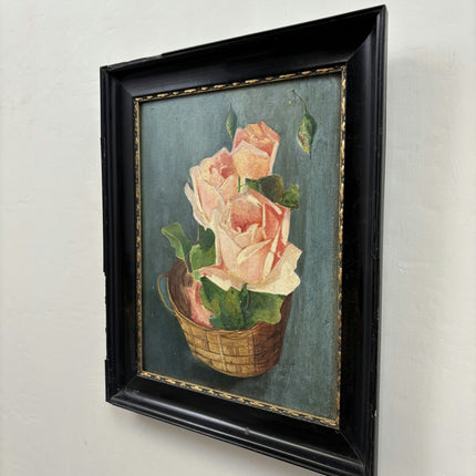 1932 Floral Still Life Oil Painting "Rose Basket" Small Artwork Holland Art Shop