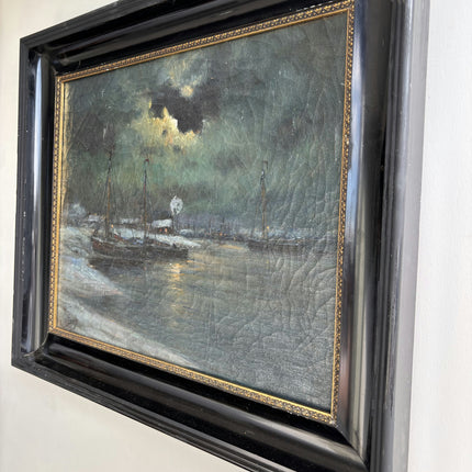Romain Steppe Elegant Harbor Scene Oil Painting "Sailboat Moon" Rustic Artwork Holland Art Shop