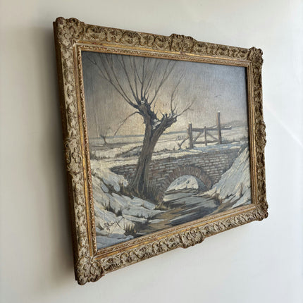 Original Winter Landscape Oil Painting "Snowy Bridge" Rustic Artwork Holland Art Shop