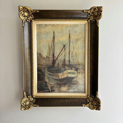 Detailed Harbor Scene Oil Painting "Docked Boats" Vintage Artwork Holland Art Shop
