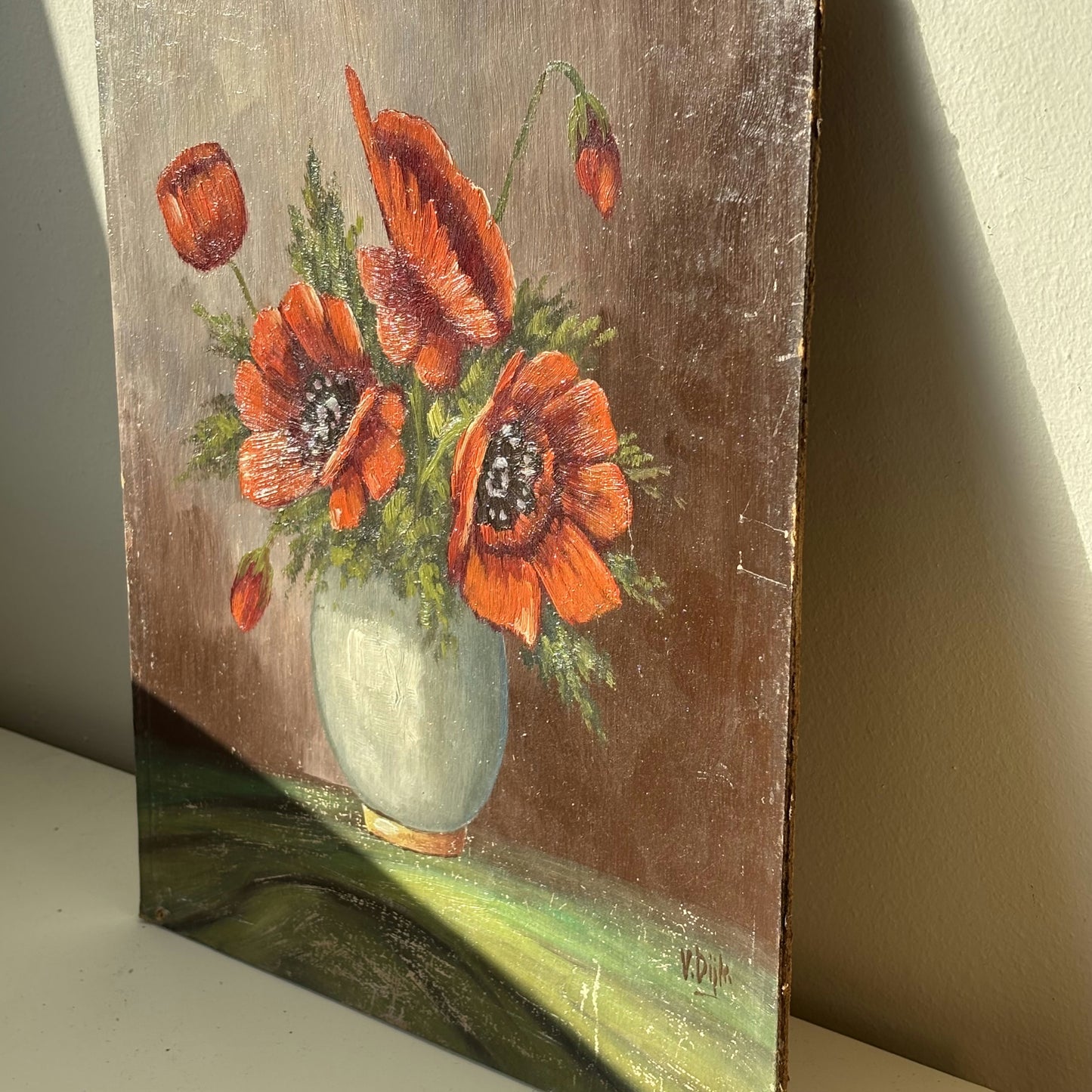 Remarkable Flowery Still Life Oil Painting "Crimson Poppy Bouquet" Small Artwork