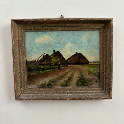 Handcrafted Landscape Oil Painting "Thatched Cottages" Vintage Small Art Holland Art Shop