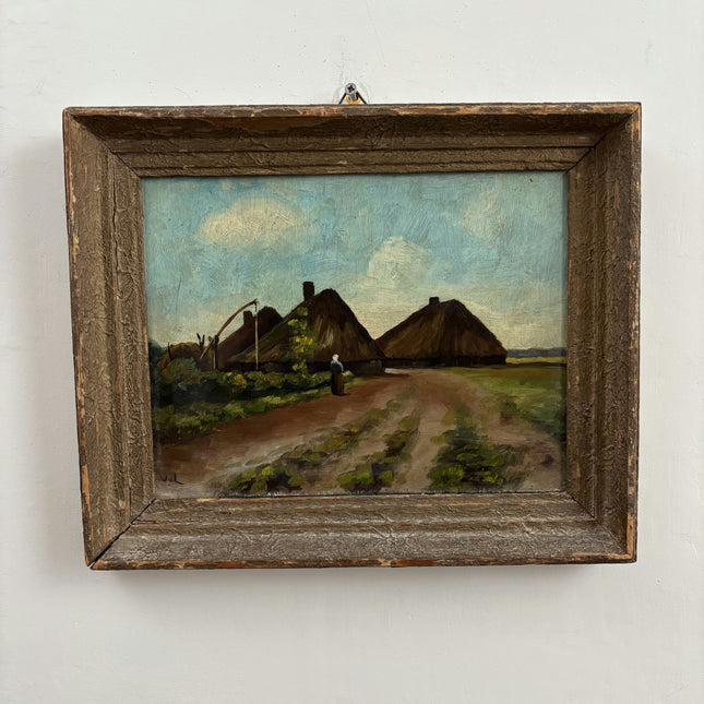 Handcrafted Landscape Oil Painting "Thatched Cottages" Vintage Small Art Holland Art Shop