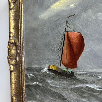 Refined Seascape Oil Painting "Red Sailboat" Vintage Small Art Holland Art Shop