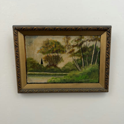 19th Century Antique Landscape Oil Painting "Framed Tree" Small Artwork Holland Art Shop