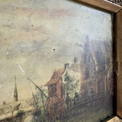 19th Century Antique Harbor Scene Oil Painting "Gilded Frame" Small Art Holland Art Shop