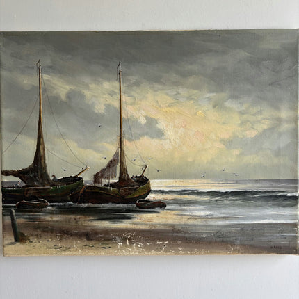 Traditional Seascape Oil Painting "Fishing Boats" Detailed Small Art Holland Art Shop