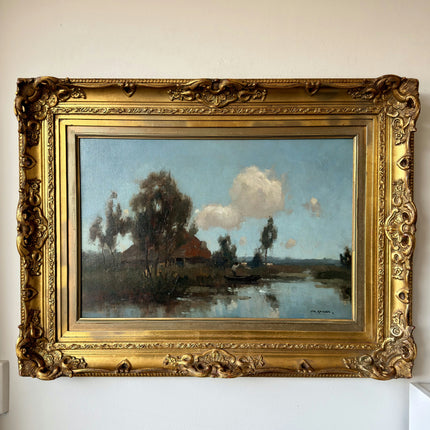 Vintage Oil Painting Landscape "River Fisherman" Original Haagse School Art Holland Art Shop