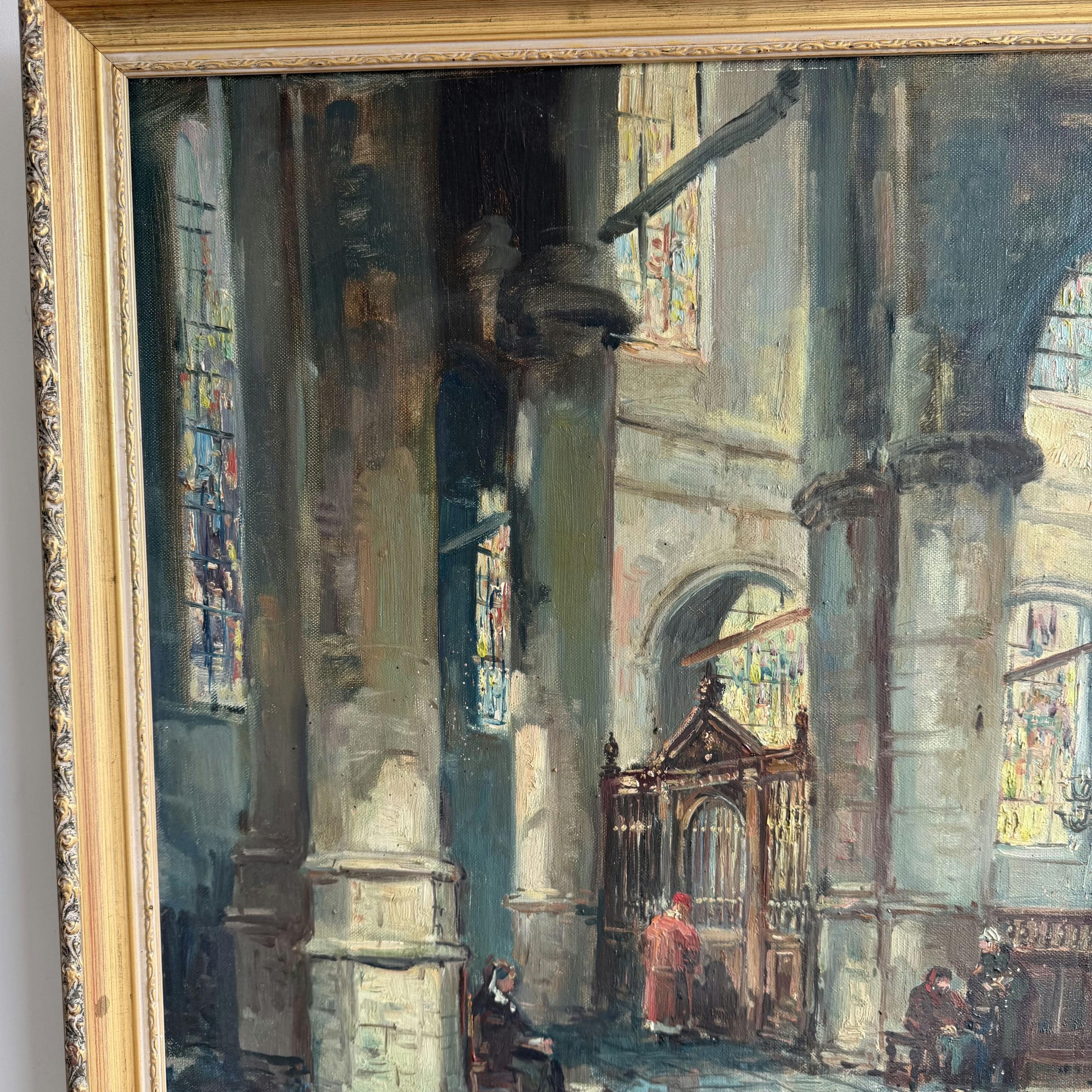 Vintage Church Interior Oil Painting 