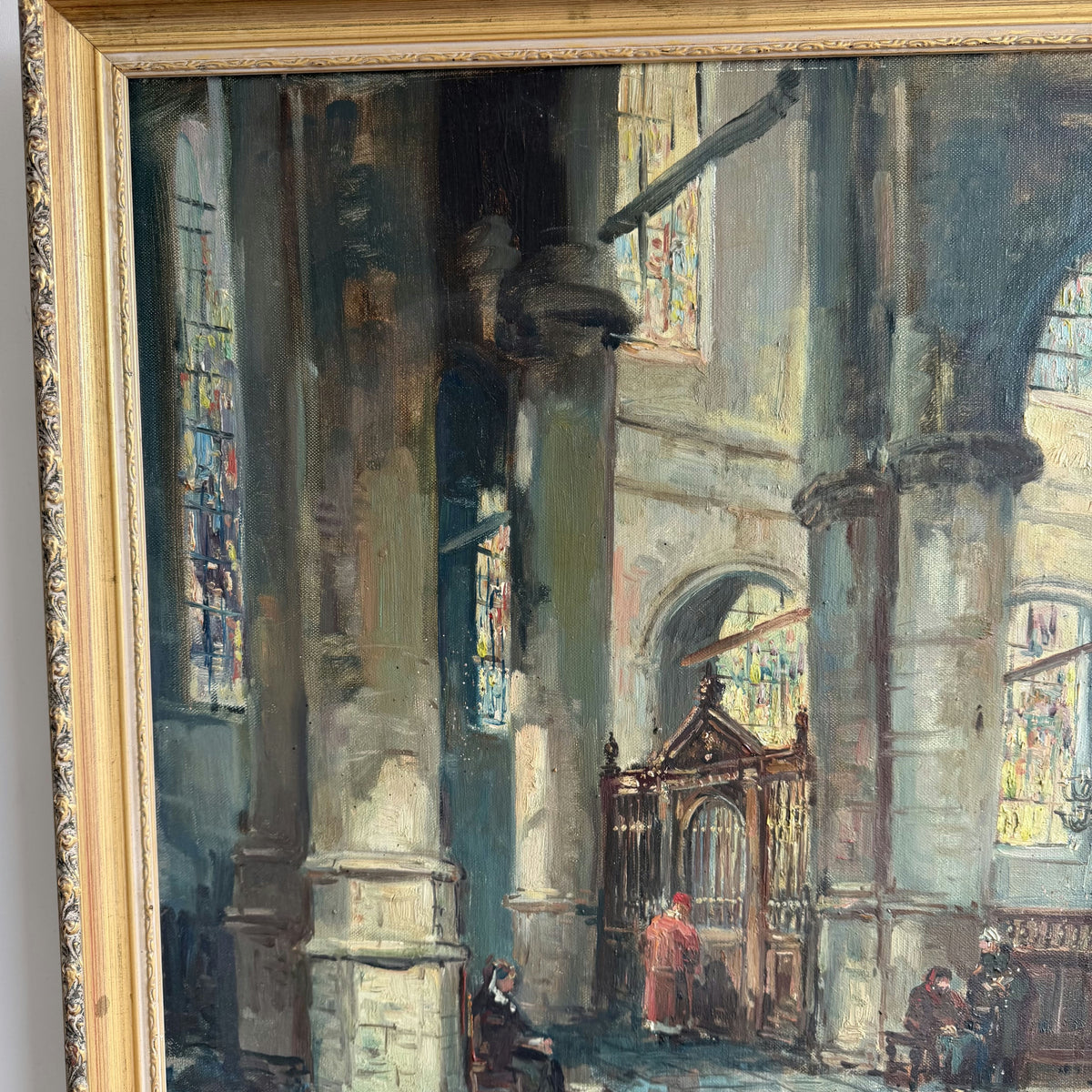 Vintage Church Interior Oil Painting 