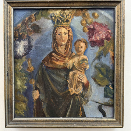 Rustic Religious  Oil Painting "Crowned Madonna" Handcrafted Small Artwork Holland Art Shop