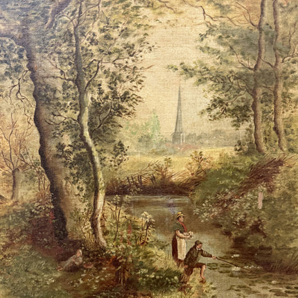 19th Century Antique Landscape Oil Painting "Fishing Man" Small Artwork Holland Art Shop