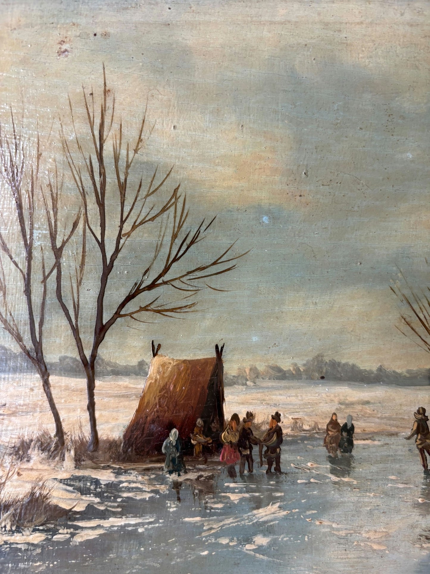 Vintage “Winter Skaters” Original Oil Painting Dutch Ice Scene Framed