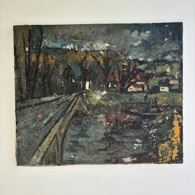 1937 Cityscape Oil Painting "Wooden Fence" Artwork Holland Art Shop