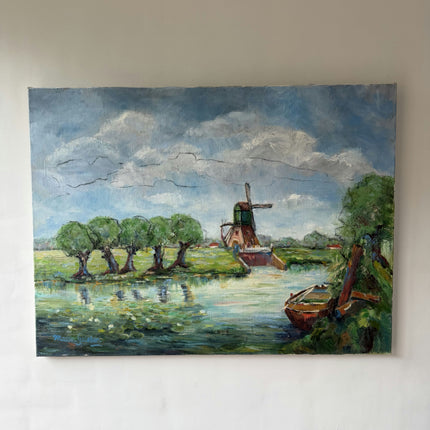 Detailed Landscape Oil Painting "Country Windmill" Refined Large Artwork Holland Art Shop