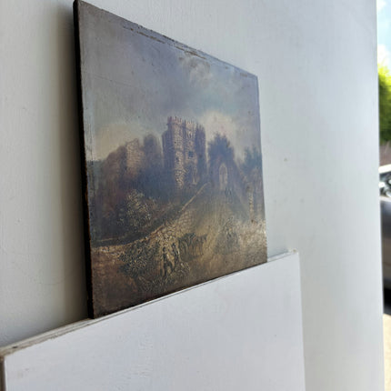 19th Century Antique Landscape Oil Painting "Stone Castle" Small Artwork Holland Art Shop