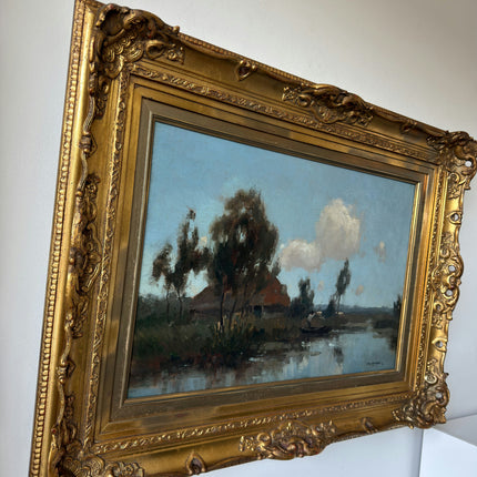 Vintage Oil Painting Landscape "River Fisherman" Original Haagse School Art Holland Art Shop