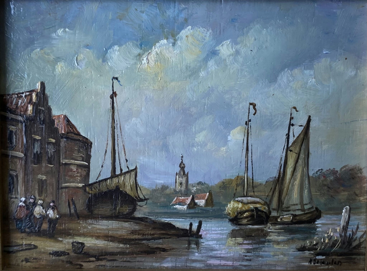 20th Century Vintage Dutch Village Riverside Boats Church Sky Oil Painting