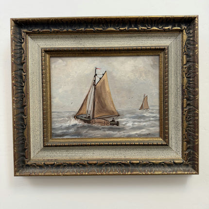 Rustic Seascape Oil Painting "Sailing Boat" Vintage Belgian Art Holland Art Shop