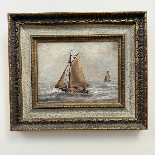 Rustic Seascape Oil Painting "Sailing Boat" Vintage Belgian Art Holland Art Shop
