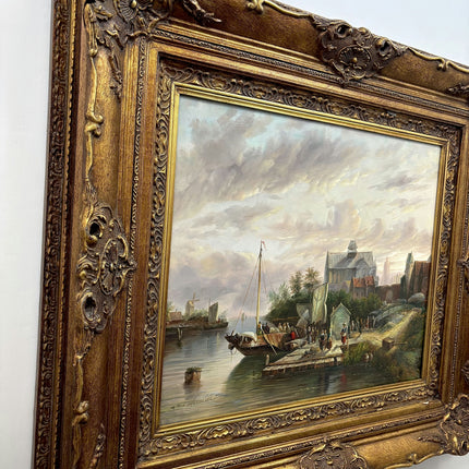 Handcrafted Harbor Scene Oil Painting "Harbor Scene" Traditional Large Artwork Holland Art Shop