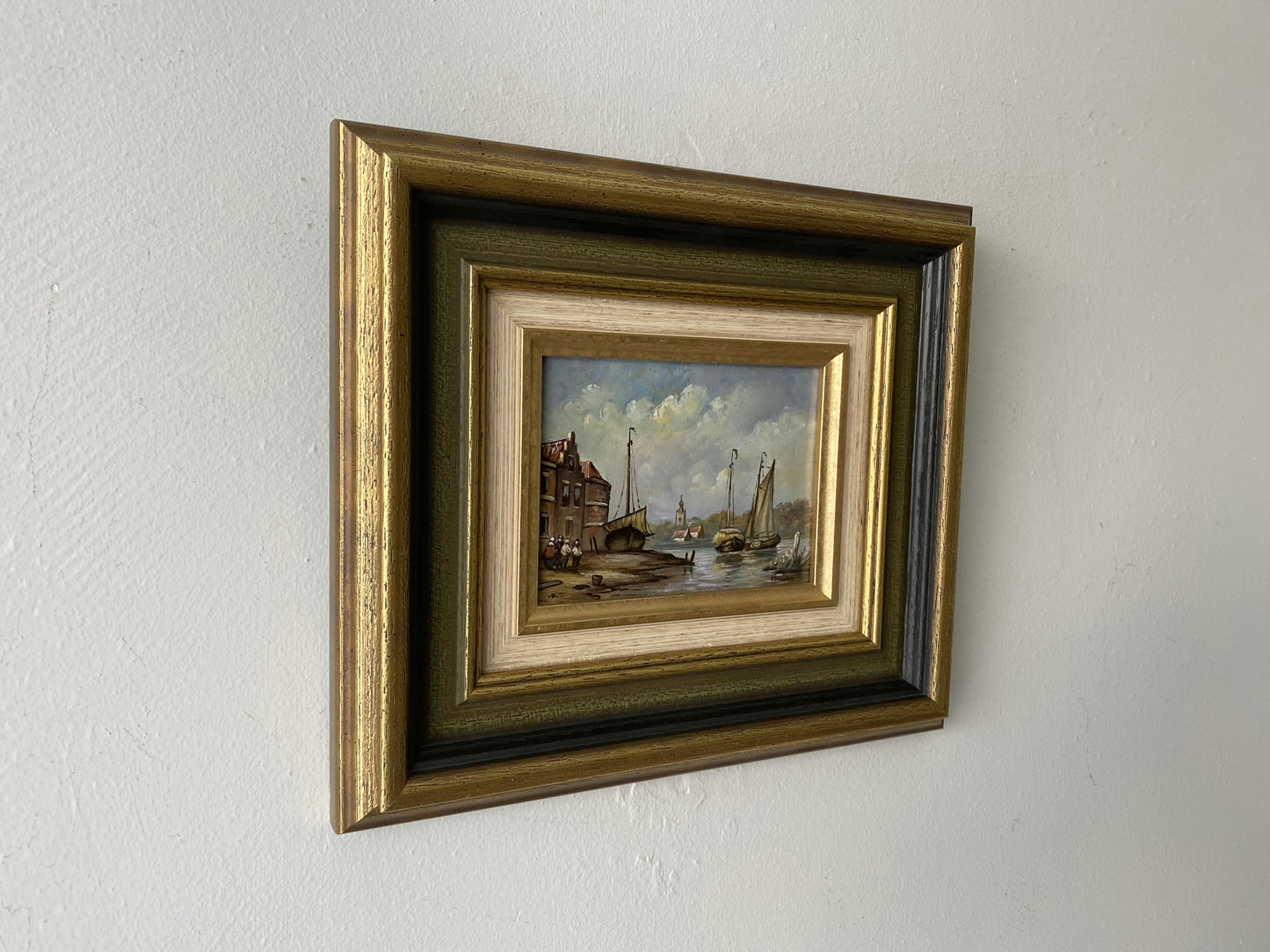 20th Century Vintage Dutch Village Riverside Boats Church Sky Oil Painting