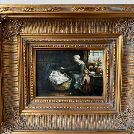 Classic Oil Painting Interior "Caring Grandmother" Vintage Small Art Holland Art Shop