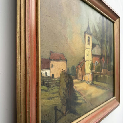 Vintage Cityscape Oil Painting "Village Church" Authentic Artwork Holland Art Shop