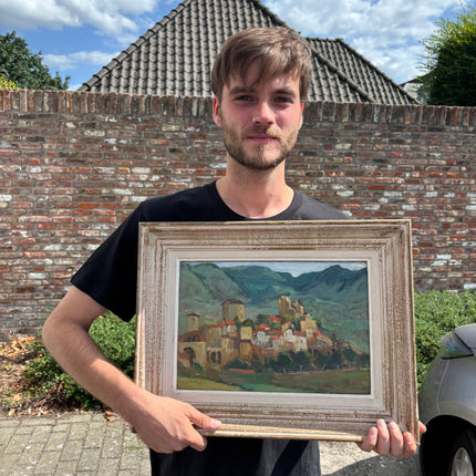 Detaljeret oliemaleri af landskab "Landsby på bakken" Autentisk kunst