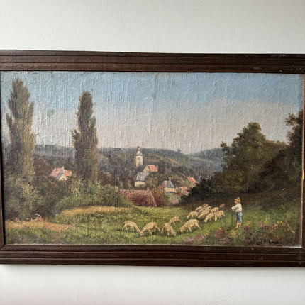 Handcrafted Landscape Oil Painting "Grazing Sheep" Vintage Art Holland Art Shop