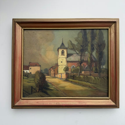 Vintage Cityscape Oil Painting "Village Church" Authentic Artwork Holland Art Shop