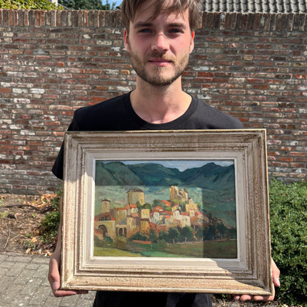 Detaljeret oliemaleri af landskab "Landsby på bakken" Autentisk kunst