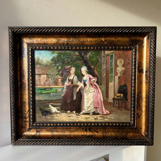 Antique Oil Painting Figurative "Feeding Chickens" Art with 2 Ladies