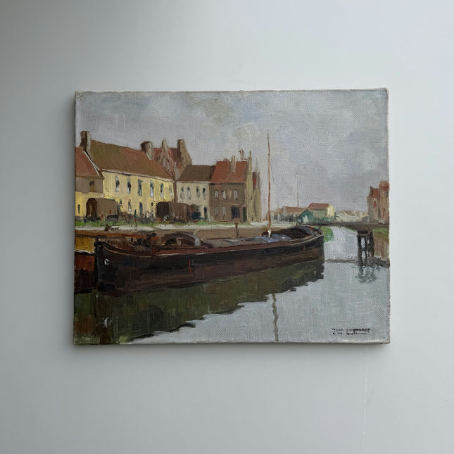 Traditional Harbor Scene Oil Painting "Docked Barge" Classic Artwork Holland Art Shop