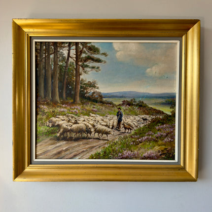 Remarkable Oil Painting Landscape "Shepherd With Sheep" Wonderful Medium Art