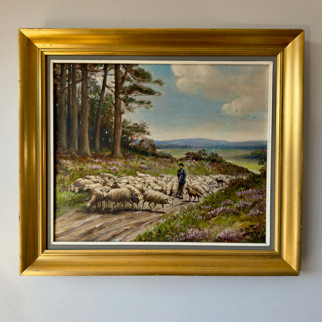 Remarkable Oil Painting Landscape "Shepherd With Sheep" Wonderful Medium Art