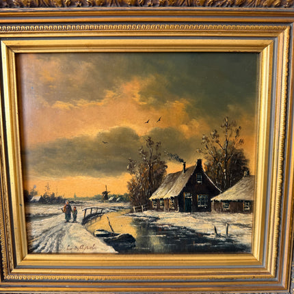 19th Century Oil Painting Winter Landscape "Walking Figures" Small Art Holland Art Shop