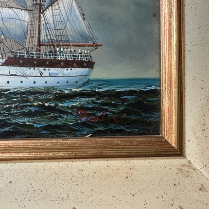Rustic Seascape Oil Painting "Framed Ship" Vintage Small Artwork Holland Art Shop