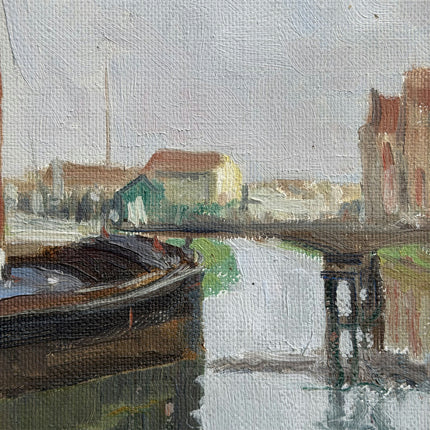 Traditional Harbor Scene Oil Painting "Docked Barge" Classic Artwork Holland Art Shop