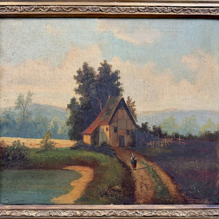 19th Century Antique Landscape Oil Painting "Thatched Cottage" Artwork Holland Art Shop