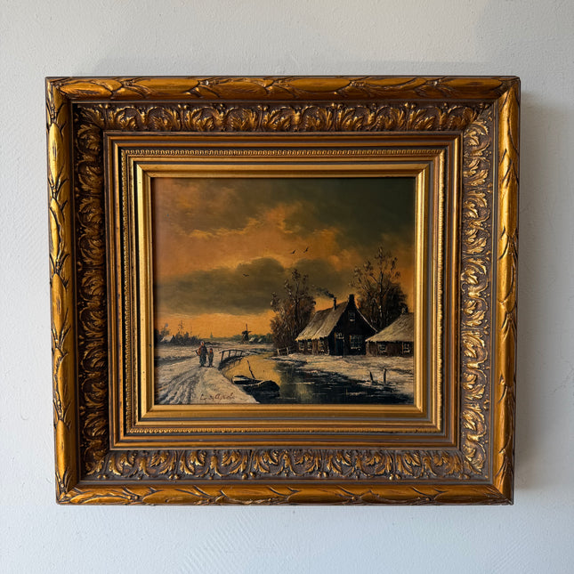 19th Century Oil Painting Winter Landscape "Walking Figures" Small Art Holland Art Shop
