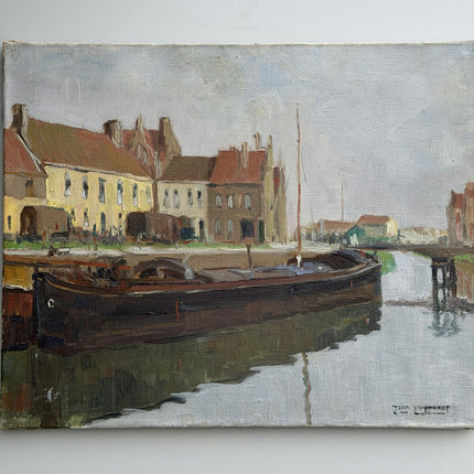 Traditional Harbor Scene Oil Painting "Docked Barge" Classic Artwork Holland Art Shop