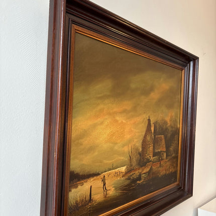 A Landscape Oil Painting "Skating Figure" Intriguing Large Art - HollandArtShop